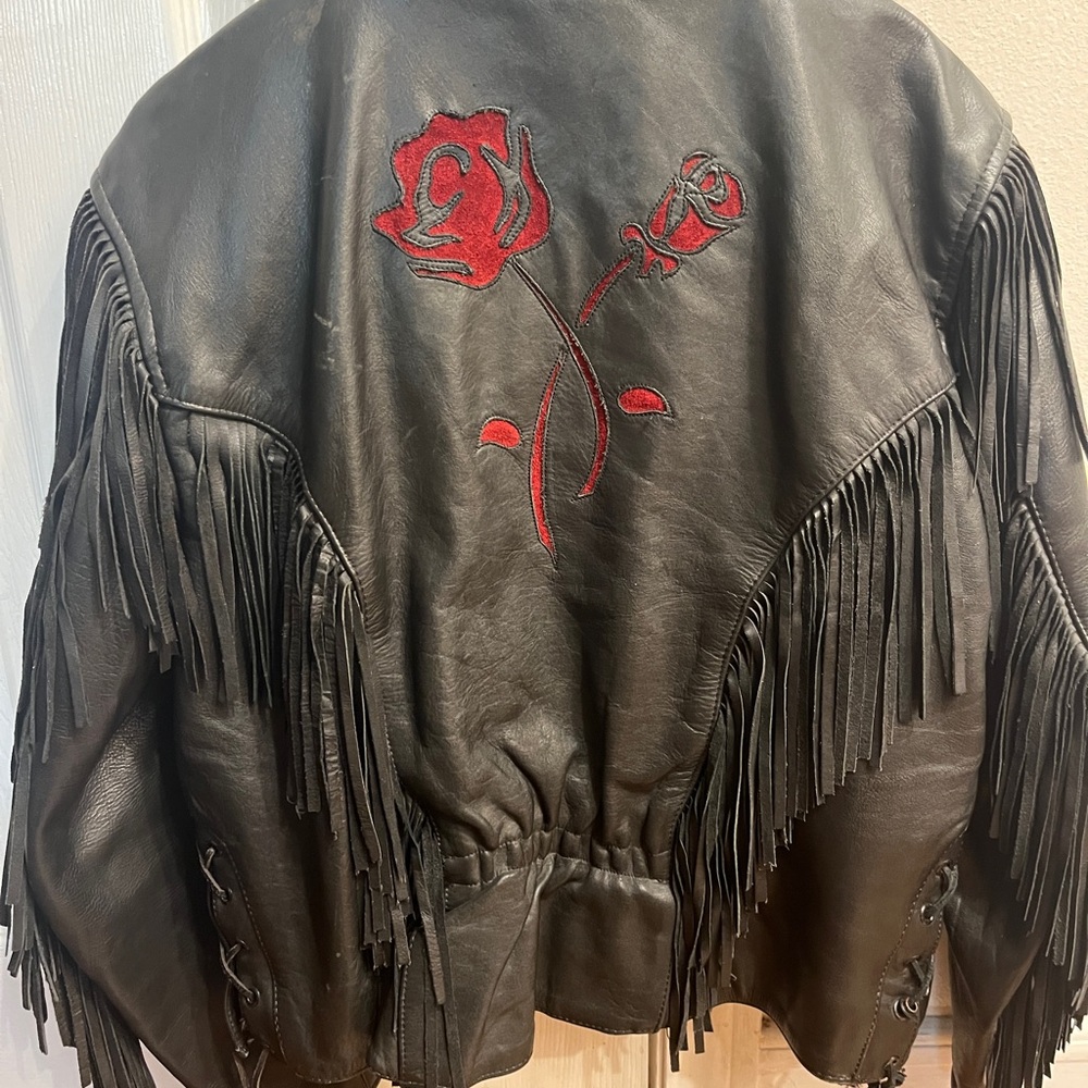 3M Thinsulate Black Leather Jacket with Red Floral Embroidery - Picture 2 of 11